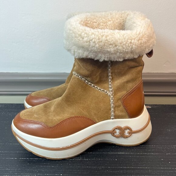 Tory Burch Gemini Link Platform Boots Women Size 5.5 Suede Winter Sheep Fur - Picture 1 of 12